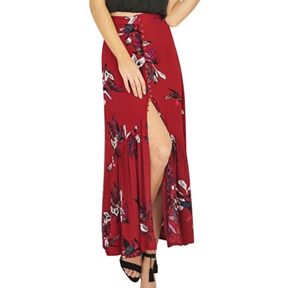 Red Floral Button Front Skirt